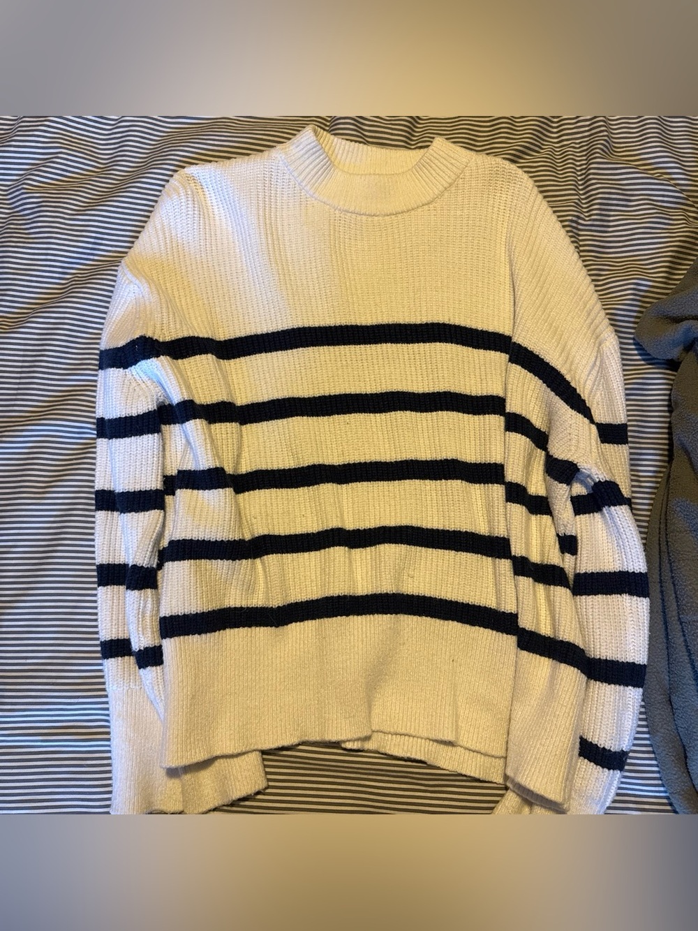 Cream and Navy Striped Crewneck Sweater - Women's